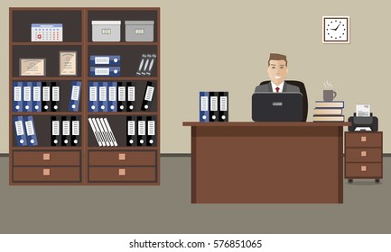 Workplace of office worker. The young man is an employee at work. There is also a table, two cabinets with folders, a printer and other objects in the picture. Vector flat illustration