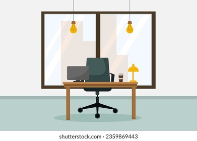 
Workplace in the office. An office with a workstation with a desk and a computer with a large window. Big boss office. Flat plane style vector illustration.