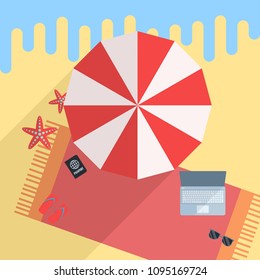 Workplace on the beach. Flat design