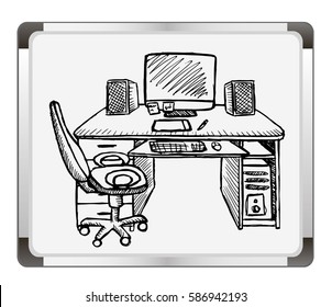Workplace on flip chart background. Hand drawn. Vector illustration.