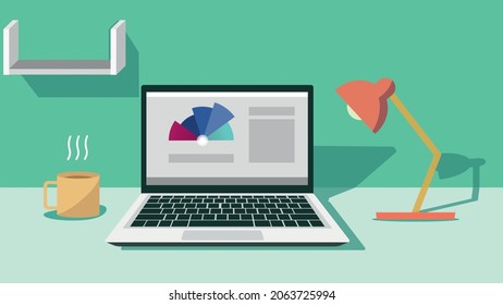 Workplace on a green background, cup, laptop, lamp, shelf