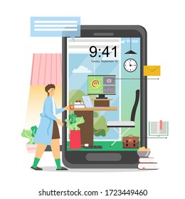 Workplace on huge smartphone screen and young girl with cup of coffee, vector flat illustration. Freelancer business woman working remotely from home due to coronavirus pandemic, quarantine. Stay home