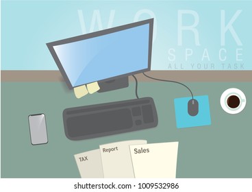 workplace on the table in office , Office equipment  on the table with coffee cup ,design gadgets vector illustration