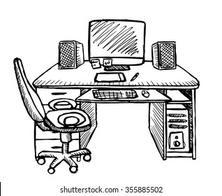 Workplace on white background. Hand drawn. Vector illustration.