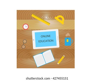 The workplace on a wooden table with a tablet, a clock, a ruler, a cup, notebook and pen. online learning concept. Vector illustration