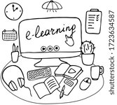 Workplace for online learning and remote work. Desktop with stationery and home items. E-learning, online education, stay home concept. Hand drawn vector illustration