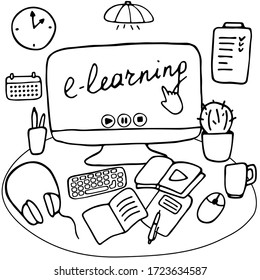 Workplace for online learning and remote work. Desktop with stationery and home items. E-learning, online education, stay home concept. Hand drawn vector illustration