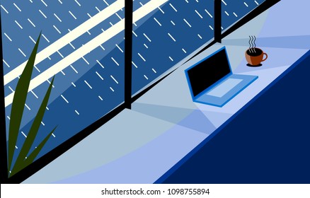 Workplace with open laptop computer and hot coffee cup on counter in front at coffee shop, raining day, illustration vector.