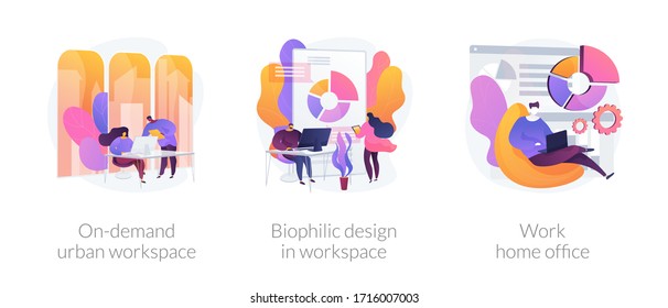 Workplace organization abstract concept vector illustration set. On-demand urban workspace, biophilic design, work home office, coworking, client meeting room, distance work abstract metaphor.