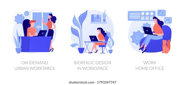 Workplace organization abstract concept vector illustration set. On-demand urban workspace, biophilic design, work home office, coworking, client meeting room, distance work abstract metaphor.