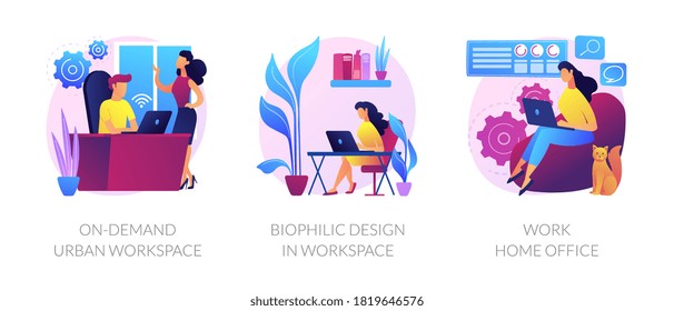 Workplace organization abstract concept vector illustration set. On-demand urban workspace, biophilic design, work home office, coworking, client meeting room, distance work abstract metaphor.