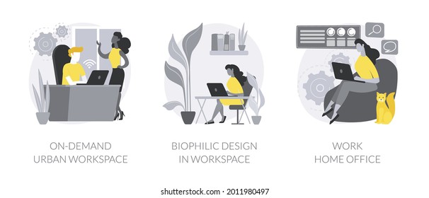 Workplace organization abstract concept vector illustration set. On-demand urban workspace, biophilic design, work home office, coworking, client meeting room, distance work abstract metaphor.