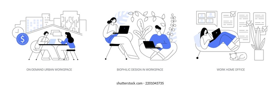 Workplace organization abstract concept vector illustration set. On-demand urban workspace, biophilic design, work home office, coworking, client meeting room, distance work abstract metaphor.