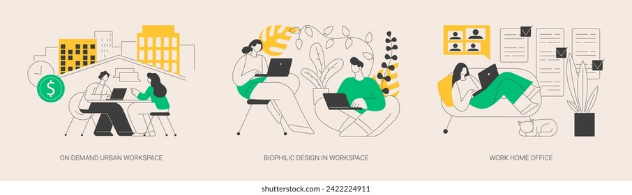 Workplace organization abstract concept vector illustration set. On-demand urban workspace, biophilic design, work home office, coworking, client meeting room, distance work abstract metaphor.