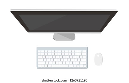 Workplace organization. Computer.  A business activity. Workplace. Office. Work in a team. Objects lying on a table. The web banner. Desktop vector illustration.