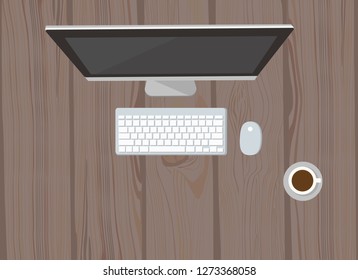 Workplace organization. Computer, glasses, diary and coffee mug.  A business activity. Workplace. Office. Work in a team. Objects lying on a table. The web banner. Desktop vector illustration.
