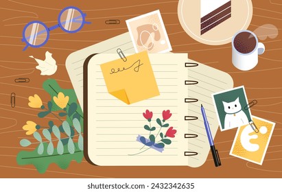 Workplace organization concept. Sheet of paper near red flowers and stick note. Glasses near plate with cake and tea. Organization of effective educational process. Cartoon flat vector illustration