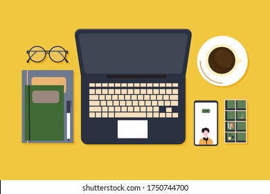 Concepto de organización en el lugar de trabajo. Vista superior de laptop, libro, teléfono móvil, gafas, café. De vuelta a la escuela, oficina de negocios. Ilustración vectorial.