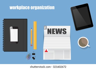 Workplace organization in flat style, blue background