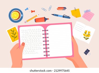Workplace organization for inspiration and productivity. Poster with hands holding clean notepad for planning and reminders. Table with pens, pencils and cup of tea. Cartoon flat vector illustration