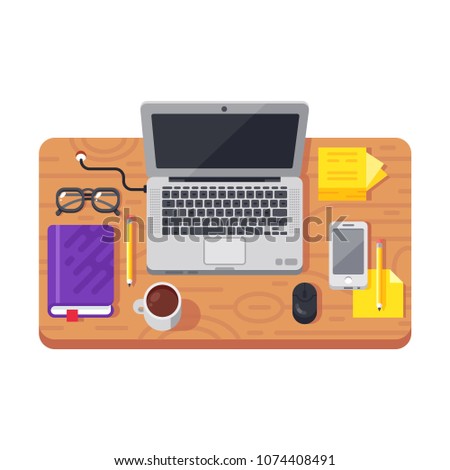 Workplace organization. Laptop, textured table, smartphone, notepad, glasses, stickers, and coffee mug. Vector flat illustration