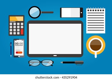workplace organization with mobile devices and office supplies. desktop top view