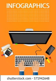 Workplace organization. Top view with computer, smartphone, note paper. Office equipment. Vector illustration.