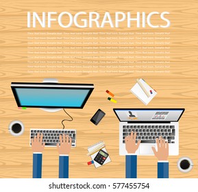 Workplace organization. Top view with computer, smartphone, note paper, laptop. Office equipment. Vector illustration.