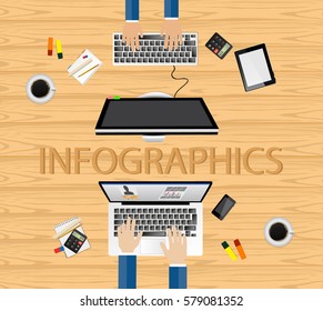 Workplace organization. Top view with computer, smartphone, note paper, laptop. Office equipment. Vector illustration.