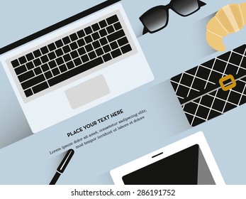 Workplace organization. Top view with table, computer, coffee, graphic tablet, pen, sunglasses, croissant and handbag. Vector and illustration design.