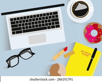 Workplace organization. Top view with table, computer, coffee, glasses, lipstick, powder, doughnut and notebook.  Vector and illustration design.