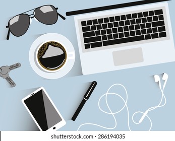 Workplace organization. Top view with table, computer, coffee, sunglasses, head phones, smartphone, pen and keys. Vector and illustration design.