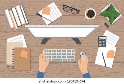 Workplace organization. Top view with textured table, flowerpot, computer, calculator, diary and coffee mug. Stock vector illustration