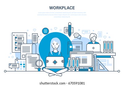 Workplace organization and workflow office room, tools for the job, task scheduling and monitoring the implementation of information. Illustration thin line design of vector doodles