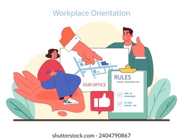 Workplace orientation concept. First day at work with office map and company rules. Thumbs up for a smooth start. Flat vector illustration.