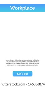 Workplace page template with blue header, button, sample text. Mobile, screen, webpage. Internet technologies concept. Vector illustration can be used for presentation slide, web design, new projects