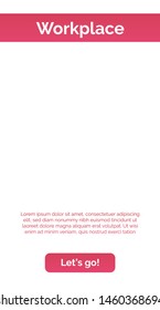 Workplace page template with coral header, button, sample text. Mobile, screen, webpage. Internet technologies concept. Vector illustration can be used for presentation slide, web design, new projects