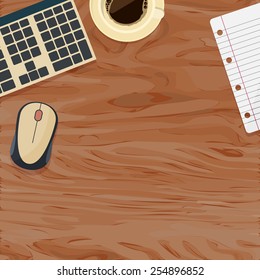 Workplace with a part of keyboard, cup of coffee, paper and computer Mouse on the wooden surface