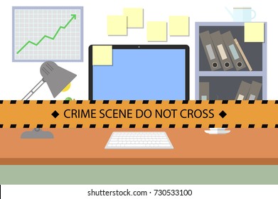 Workplace with PC. Crime scene. Do not cross police line. Yellow striped warning tape. Stock vector illustration