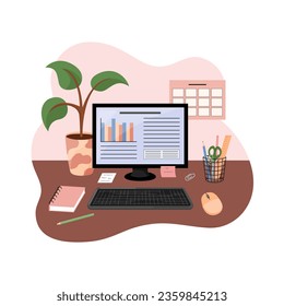 Workplace PC on table. Computer monitor, keyboard, plant, stationery supplies. Graphs and diagrams on the display. Home office work place flat vector illustration.