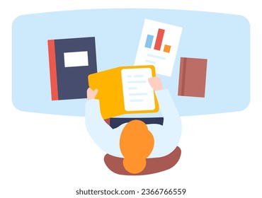 Workplace people top view. Woman working with documents. Employee sitting at table. Businessman at desk. Notebooks and report sheets on tabletop. Vector managers