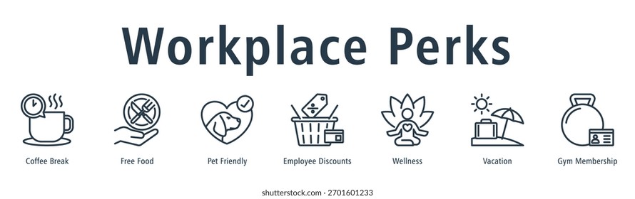 Concepto de Ilustración vectorial de ícono de Web de Anuncio con ícono de coffee break, comida gratis, mascotas amigables, descuentos para empleados, bienestar, vacaciones y membresía de gimnasio.