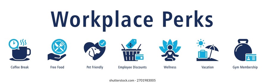 Workplace Vergünstigungen Web-Banner Symbol Vektorgrafik-Konzept mit Symbol der Kaffeepause, kostenloses Essen, haustierfreundlich, Mitarbeiter Rabatte, Wellness, Urlaub, und Fitness-Mitgliedschaft.