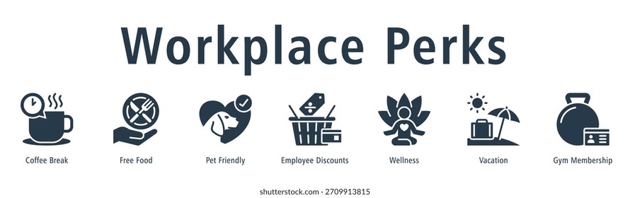Concepto de Ilustración vectorial de ícono de Anuncio de Web con ícono de coffee break, comida gratis, mascotas amigables, descuentos para empleados, bienestar, vacaciones y membresía de gimnasio.