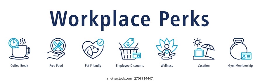 Concepto de Ilustración vectorial de ícono de Anuncio de Web con ícono de coffee break, comida gratis, mascotas amigables, descuentos para empleados, bienestar, vacaciones y membresía de gimnasio.