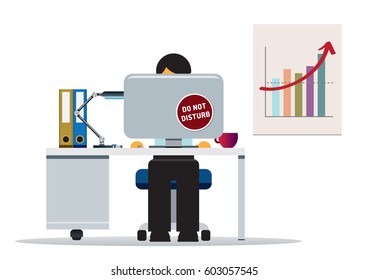 Workplace with person working on computer with “Do Not Disturb” sticker and growth diagram on the wall. Concept of success, growth, result, motivation, dedication