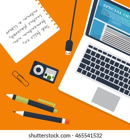 Workplace with person working on laptop watching video player, concept of webinar, business online training, education on computer, e-learning concept, video tutorial vector illustration