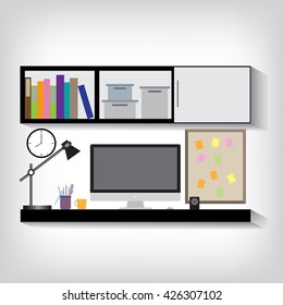  Workplace Personal Computer Office Desktop. Flat design vector illustration.