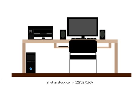 Workplace. Personal computer, printer, speakers, table. Vector.