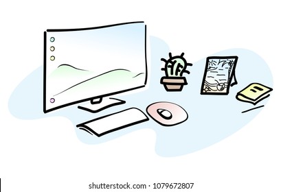 Workplace with personal computer. Sketch of freelancing or designer workspace. Vector